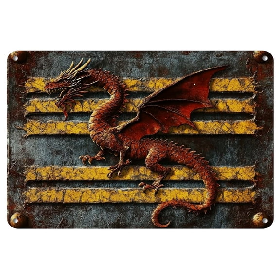 1pc Vintage Welsh Dragon Metal Wall Sign - 12x8" Rustic Medieval Art Plaque, Mythical War Banner Design with Red & Yellow Stripes, Iron Construction, Easy-to-Hang for Home, Bar, Garage Decor