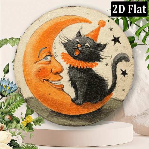 1pc Vintage Whimsical Cat Moon Round Wall Plaque Distressed Artificial Metal Tin Sign with Playful Black Cat Orange Moon Stars Design - Rustic Americana Wall Art for Home, Garage, Cafe, Garden Decor
