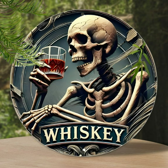 1pc Vintage Whiskey Skeleton Round Aluminum Sign - Rustic Metal Wall Decor with Ornate Border, Ideal for Home Bar, Garage, Dining Room, Cafe, Vintage Home Decor, 2D, Perfect for Room Decor