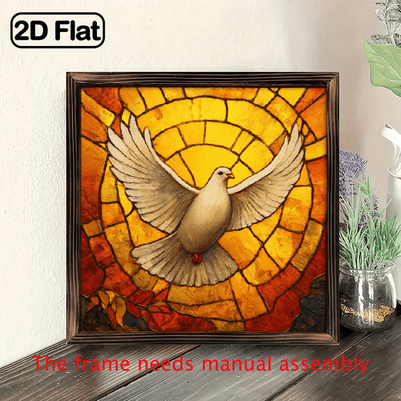 1pc Vintage White Dove Golden Wood Wall Plaque - Stained--Style Wood Frame, 8x8 Inch Inspirational Religious Home Decor, Dove of Peace Sign for Christmas Gifts, Weddings, Baptisms - Rustic Tabletop