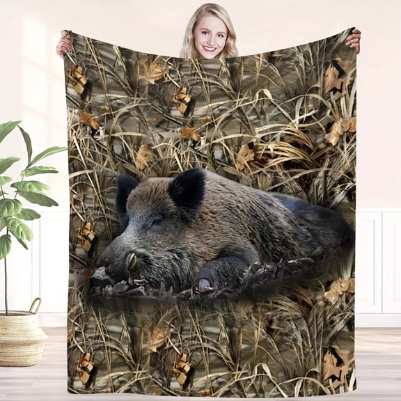 1pc Vintage Wild Boar Camouflage Flannel Throw Blanket All Seasons Soft Knitted Digital Print 200 250gsm Cozy Sofa and TV Blanket for Animal Lovers Perfect for Anniversary and Birthday Gifts