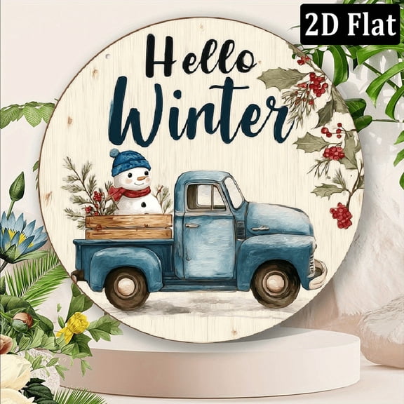 1pc Vintage Winter Decoration - Hello Winter Metal-like Texture Sign with Snowman Truck Design - Rustic Farmhouse Decor - Turquoise Blue Golden Hues - Easy Hang with Corner Holes 8*8inch
