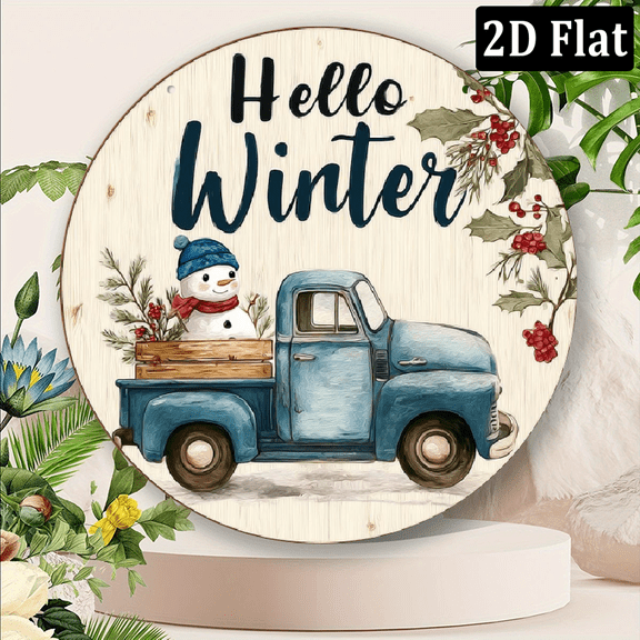 1pc Vintage Winter Decoration - Hello Winter Metal-like Texture Sign with Snowman Truck Design - Rustic Farmhouse Decor - Turquoise Blue Golden Hues - Easy Hang with Corner Holes 8*8inch