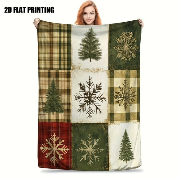 1pc Vintage Winter Snowflake & Plaid Tree Quilt Blanket - Ultra-Soft Flannel All-Season Bedspread in Green, Brown, Beige, Red, White & Black - Cozy Christmas Home Decor, Camping & Couch Throw, Durabl