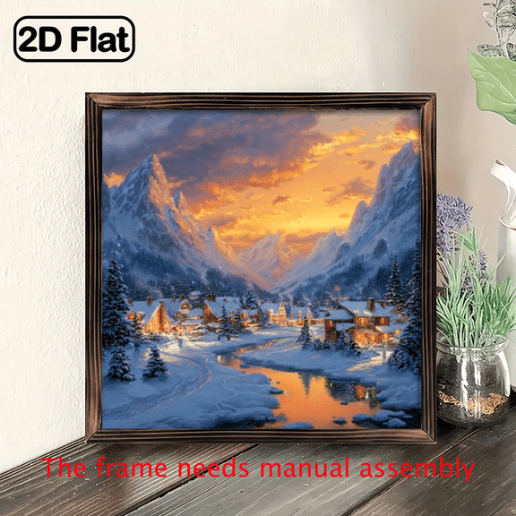 1pc Vintage Winter Village Cozy Wooden Framed Wall Art - 8x8 Inch Scenic Landscape with Snowy Mountain Snowy River Scene, Warmly Lit Cottage Pine Trees, Perfect for Christmas Halloween Decor,