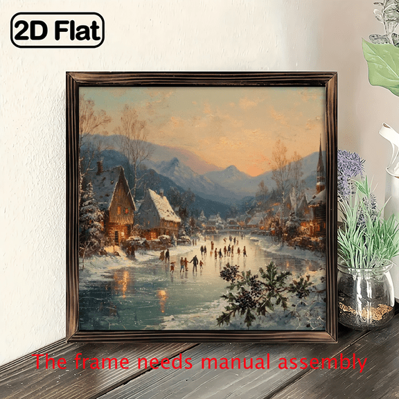 1pc Vintage Winter Village Wood Framed Wall Art 8x8in (20x20cm) Snowy Mountain Cozy Cottage Scene with Ice Skating Figures, Wood Frame, EasyHang HorizontalVertical