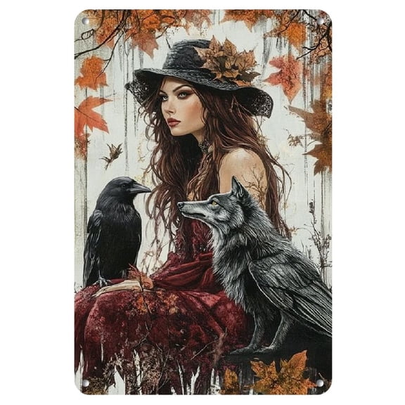 1pc Vintage Witch and Wolf Metal Tin Sign, Iron Wall Art for Home, Cafe, Gym, Garage, Restaurant Decor, Mystical Forest Garden Theme, Indoor & Outdoor Use, 8x12 inches, for Halloween