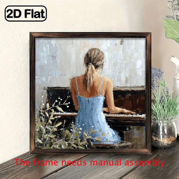 1pc Vintage Woman Playing Piano Painting - Handcrafted Recycled Wood Frame Wall Art, 8x8 Inch Romantic Music-Themed Decor for Living Room, Bedroom, Office Gallery Walls, Serene Room Ambiance