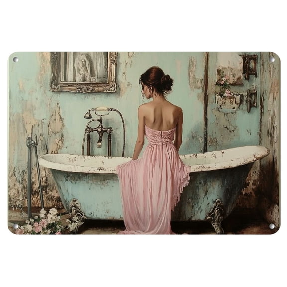 1pc Vintage Woman in Bath Metal Wall Art, Frameless Iron Sign, 12x8 inches, Elegant Bathroom Vanity Decor, Durable Makeup Artwork for Home