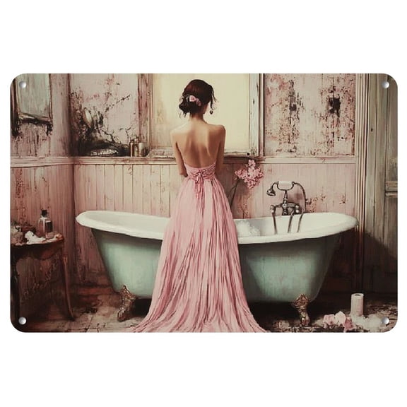 1pc Vintage Woman in Bath Metal Wall Art, Frameless Iron Sign, 12x8 inches, Elegant Bathroom Vanity Decor, Durable Makeup Artwork for Home