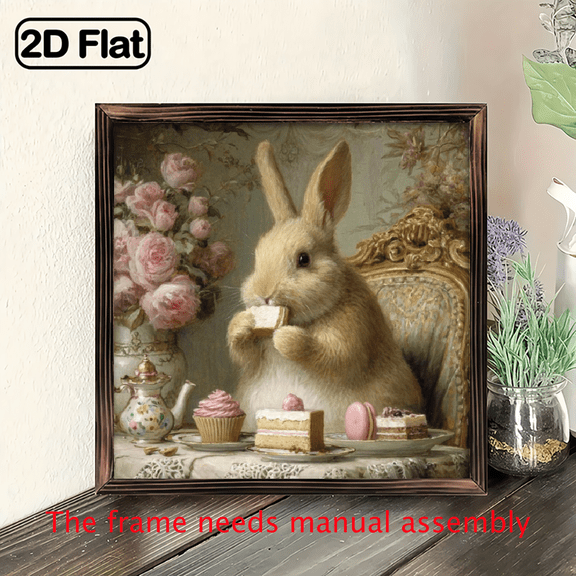 1pc Vintage Wooden Framed Bunny Tea Party Wall Art, 8x8 Inch Rustic Easter Decor with Rabbit Pastries, Ideal for Home Kitchen, Housewarming Gift, Rabbit Accessories
