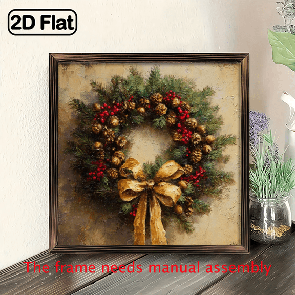 , 1pc Vintage Wooden Framed Christmas Wreath Wall Decor with Pine Cones, Red Berries Golden Bow 8x8 Inch Wood Plaque for Mantel, Tabletop, Door Golden Ribbon Holiday Sign (Easy Hang)