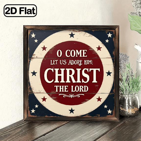 1pc Vintage Wooden Framed O Come Let Us Adore Him Christ The Lord Sign8x8 Religious Christmas Wall Plaque with Luke 211 Verse, Nativity Scene Decor, RedGreenWhite Frame, Horizontal