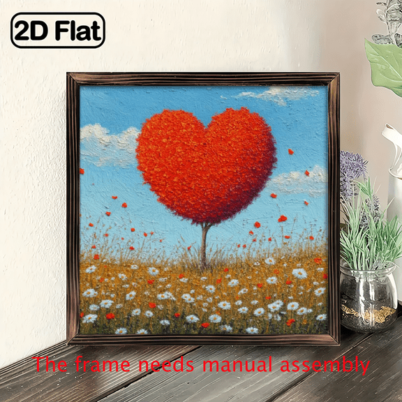 1pc Vintage Wooden Framed Wall Art - 8x8 Inch Square Heart-Shaped Tree Painting, Minimalist Modern Red Green Nature Scene with Soft Blue Sky White Daisies, Frame for Living Room, Bedroom, Far