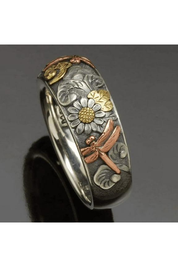 1pc Vintage engraved Ring Flower Dragonfly Sunflower Ring Anniversary Engagement Wedding Ring,Silvery7