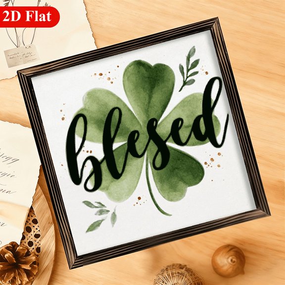 1pc VintageBlessed_ Wooden Framed Sign with Four-Leaf Clover Design - Rustic St Patrick'S Day Wall Art, 12x12 Inch, Inspirational Desktop Decoration, Ideal Gift for Loved Ones, Holiday Wal