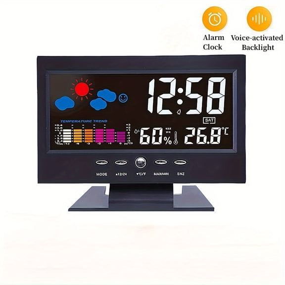 1pc Voice Control Digital Weather Clock with Backlight, Temperature Humidity, Weather Forecast- 12/24h Electronic Clock with USB Cable (Battery Not Included)