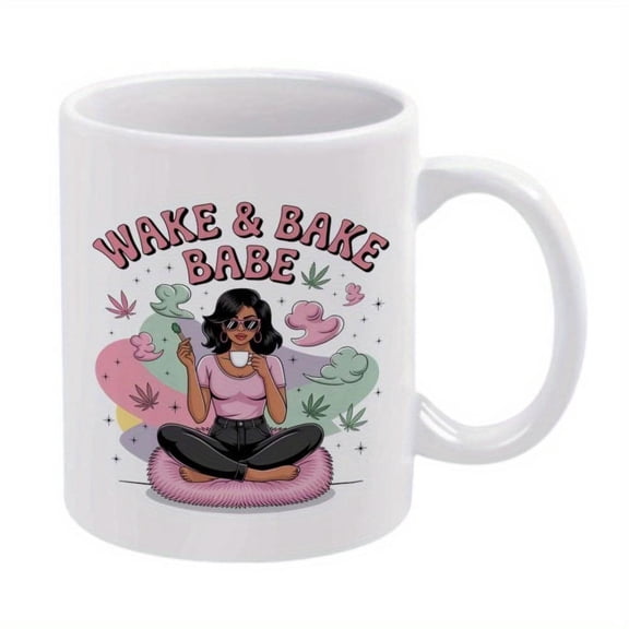 1pc Wake Bake 11oz Ceramic Coffee Mug with Leaf Cloud Design Friends Family Ideal All Seasons White with Pink Green Illustrations Coffee Bar Accessories