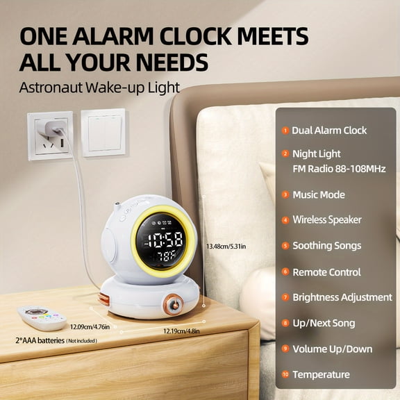 1pc Wake Up Light Alarm Clock with Wireless Suitable for Adults,Dual Alarms,FM Radio,Sunrise Simulation,Snooze,Wireless Speaker,8-Level Brightness & 6 Soothing Sounds,ABS Bedside Clock for Natural