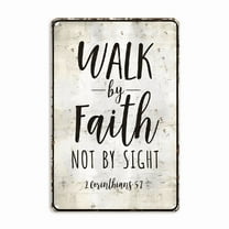 1pc Walk by Faith Christian Metal Tin Sign - 2 Corinthians 5_7 Bible Verse Wall Art with Distressed Finish, Rustic Farmhouse Decor for Kitchen, Cafe, Bar, Home - Durable Holiday & Winter Decoration