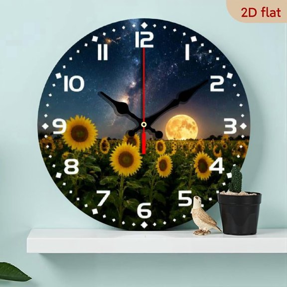 1pc, Wall Clock Sunflower Field Full Moon Night Sky Landscape Decorative Round Silent Non-Ticking Clock for Living Room Bedroom Office Kitchen Decor Gift for Family Friends Nature Lovers