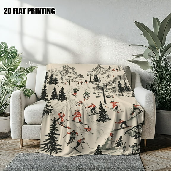 1pc Warm Ski Slope Adventure Print Flannel Throw Blanket - Black & White Ski Resort Design with Skiers & Snowboarders on Pine Trees - Soft All-Season Bed, Sofa, Chair & Office Blanket - Cozy Winter G