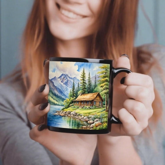1pc Watercolor Cabin Coffee Mug 11oz Durable Ceramic Cup with Black Handle Scenic Lake Mountain Forest Design Woodland Cabin Pine Trees in Green Brown