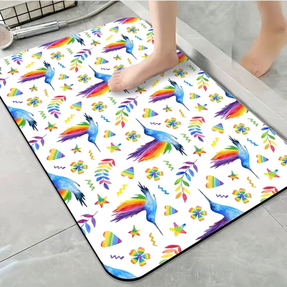 1pc Watercolor Hummingbirds and Rainbows Bathroom Rug Bathroom Decor and Accessories- Durable,Anti Slip,And Quick Drying,Suitable For Indoor/outdoor Use - Perfect For Bathrooms,Bedrooms,Kitchens