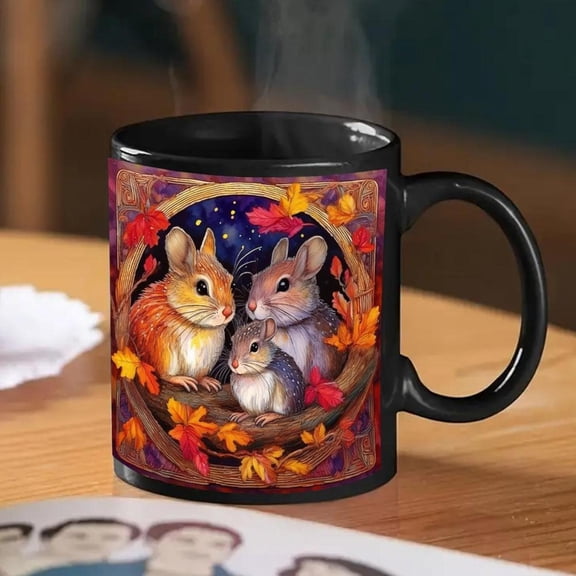 1pc Watercolor Squirrel Rabbit Mug 11oz Durable Ceramic Coffee Cup with Autumn Forest Design Hot Cold Drinks Ideal Birthday Anniversary or Holiday Gre