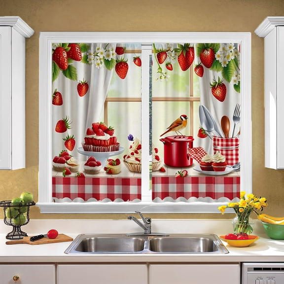 1pc Watercolor Strawberry Bird Dessert Small Window Curtains, For Kitchen Pantry Bookcase Home Holiday Decoration, Thanksgiving & Christmas Gifts