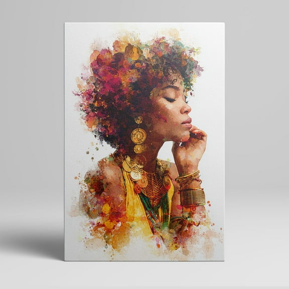 1pc Watercolor - styled Canvas Wall Art Featuring a Beautiful African - American Woman with Colorful Afro and Gold Jewelry, framed Decor room hanging Wall Picture Decor for Home Gifts, living room