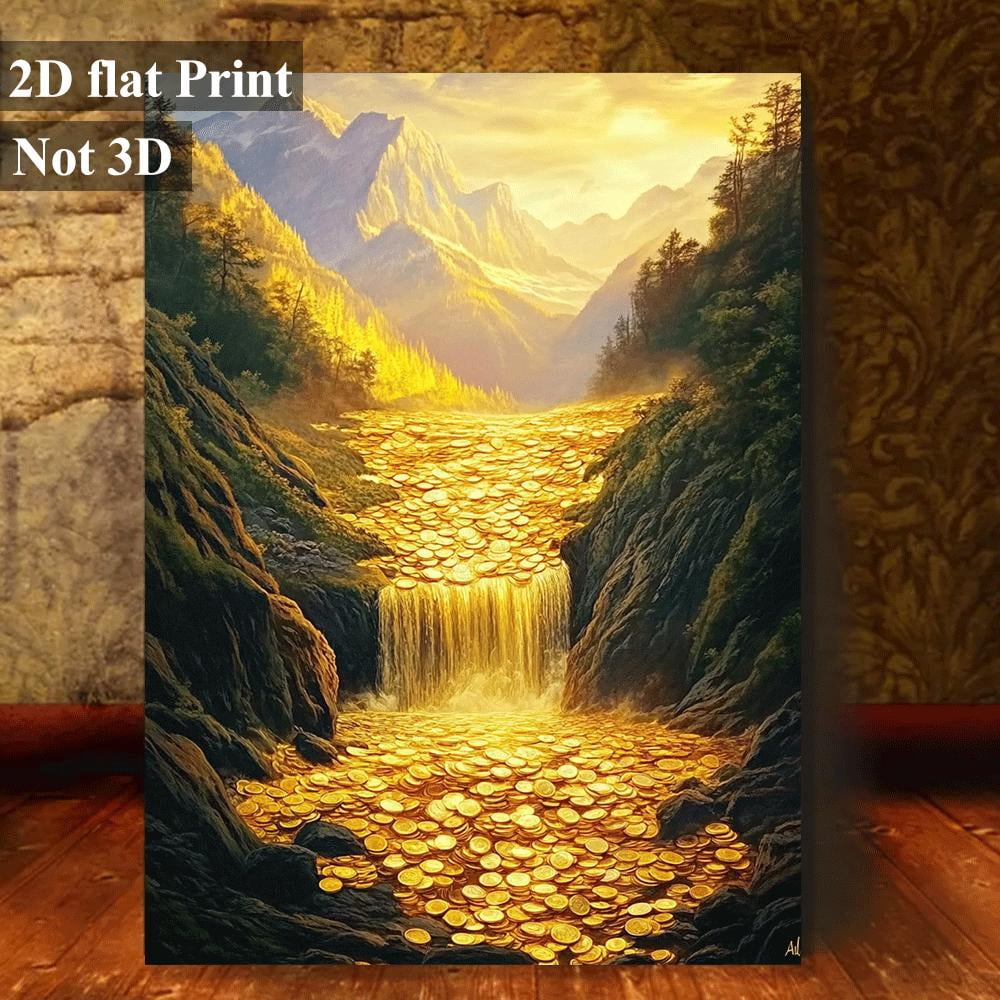 1pc Waterfall Wall - Flowing Cascading Golden Coins Canvas Painting ...