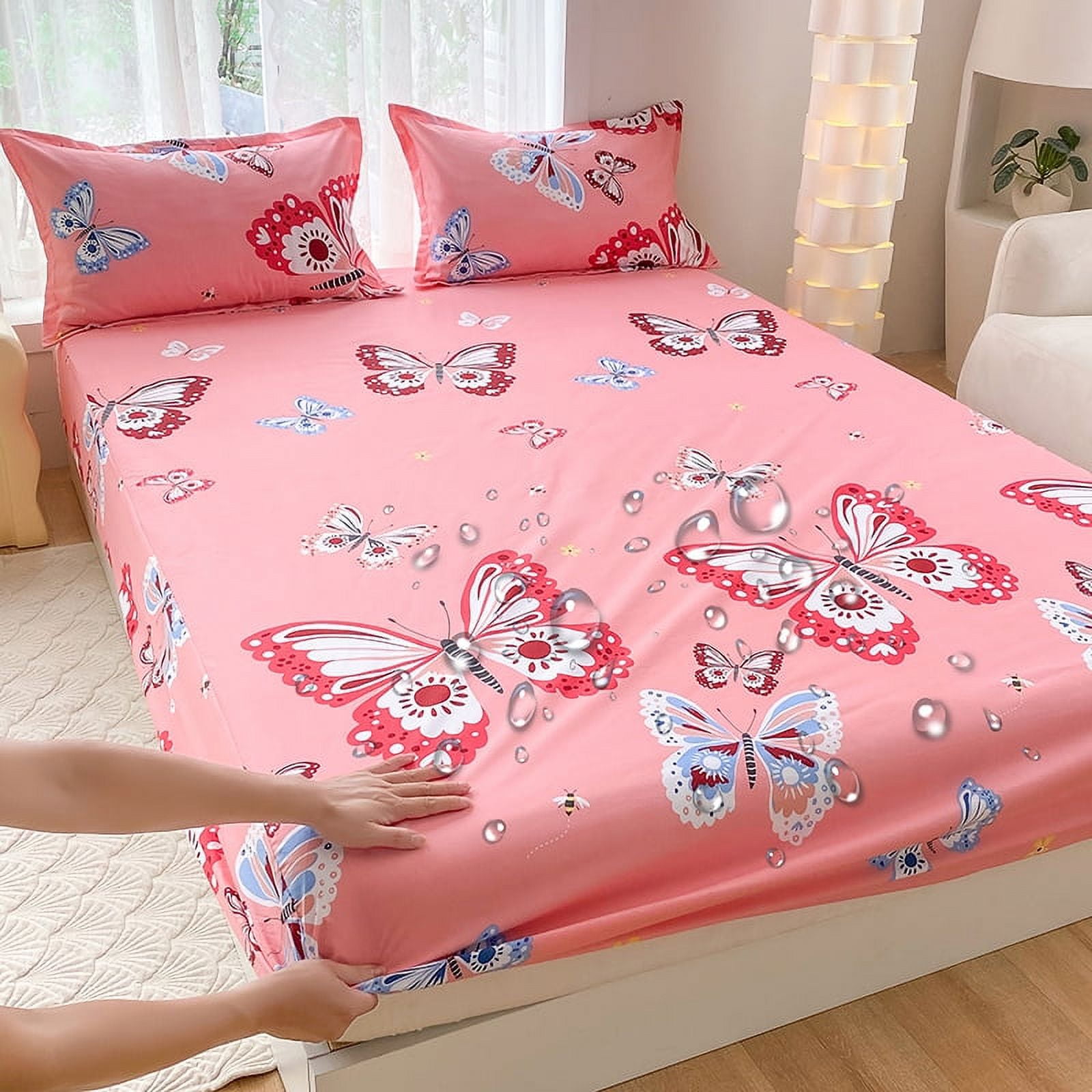 1pc Waterproof Bed Sheets Butterfly Printed Fitted Bed Sheet for Double