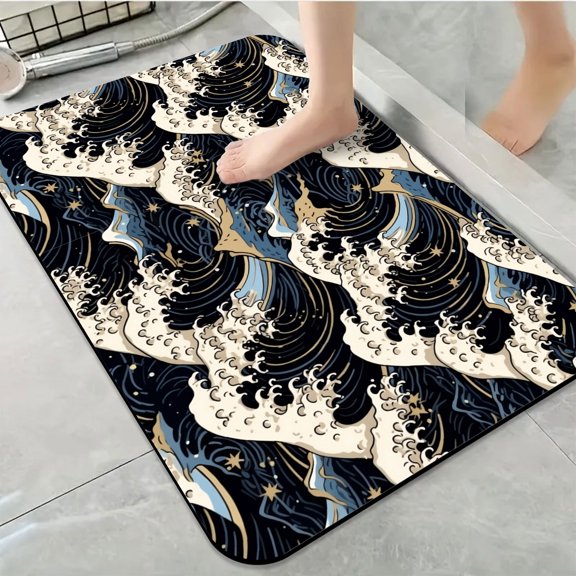 1pc Wave Pattern in Blue and White Bathroom Rug Bathroom Decor and Accessories- Durable,Anti Slip,And Quick Drying,Suitable For Indoor/outdoor Use - Perfect For Bathrooms,Bedrooms,Kitchens