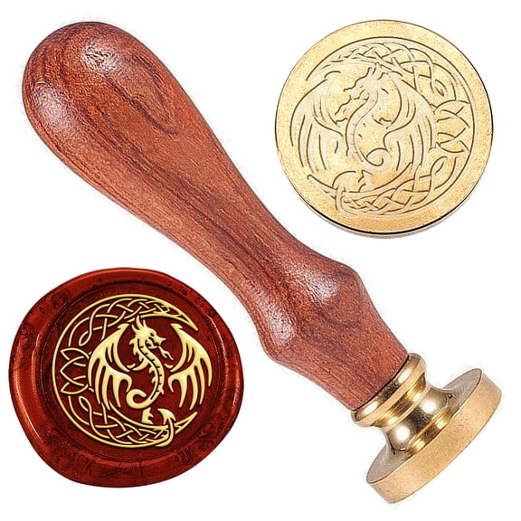 1pc Wax Seal Stamp Set Golden Tone Sealing Wax Stamp Solid Brass Head with Retro Wood Handle Dragon 83x22mm Stamps: 25x14.5mm