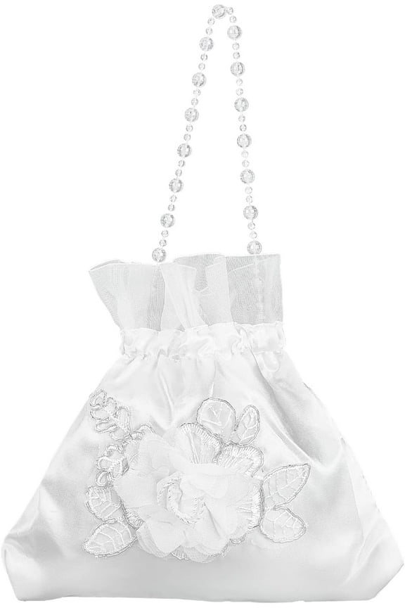 1pc Wedding Bride Handbag Rose Satin Bridal Wedding Money Bag White Rose Embroidery Silk Drawstring Bag with Pearl for Dollar Dance Bridal Purse Wedding Favor Party