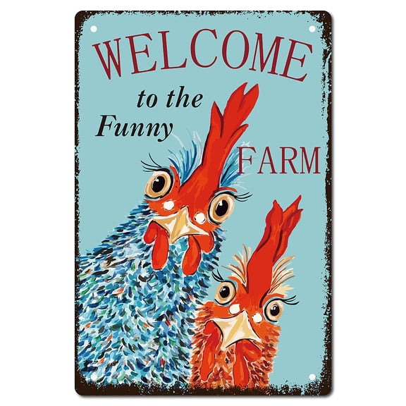 1pc Welcome to The Funny Farm Metal Tin Sign Chicken Poster Plaques with Quotes Retro Wall Hanging Art Decor for Farm yard Farmhouse Home Living Room Holiday Ornaments 12 x 8inch