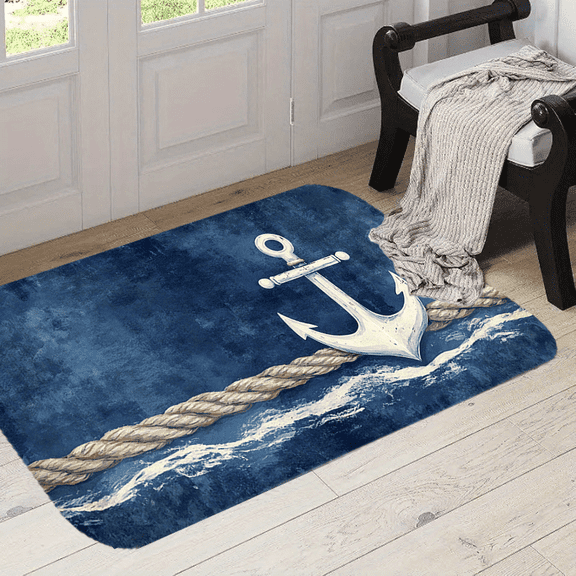 1pc of a Welcome Mat Featuring a Nautical Anchor Design with Navy Blue And White Rope Accents. It'S Durable, Washable, Made of Polyester, Has a Rubber Backing