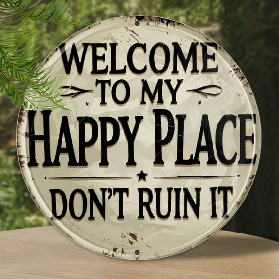 1pc Welcome Sign for Front Door Round Metal Welcome to My Happy Place Plaque for Home Office Bedroom Kitchen Dining or Bar Decor 8x8 In Round Shaped Aluminum Sign
