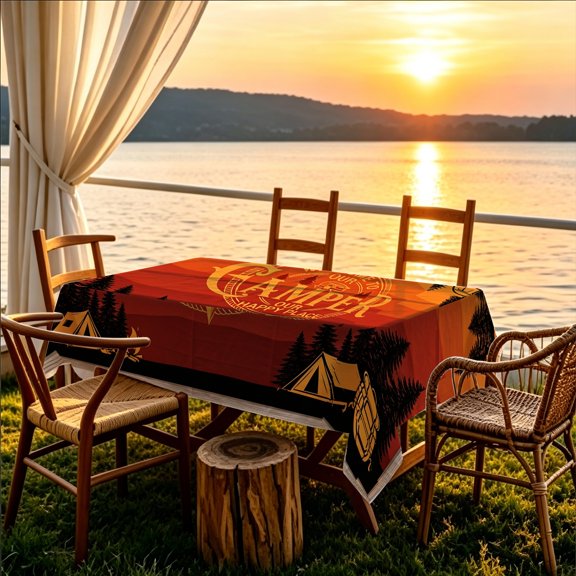 1pc Welcome To Our Camper Tent Pine 2D Printed Tablecloth, Patio Kitchen Dining Table Cover, Christmas Gift for Outdoor Camping Enthusiasts