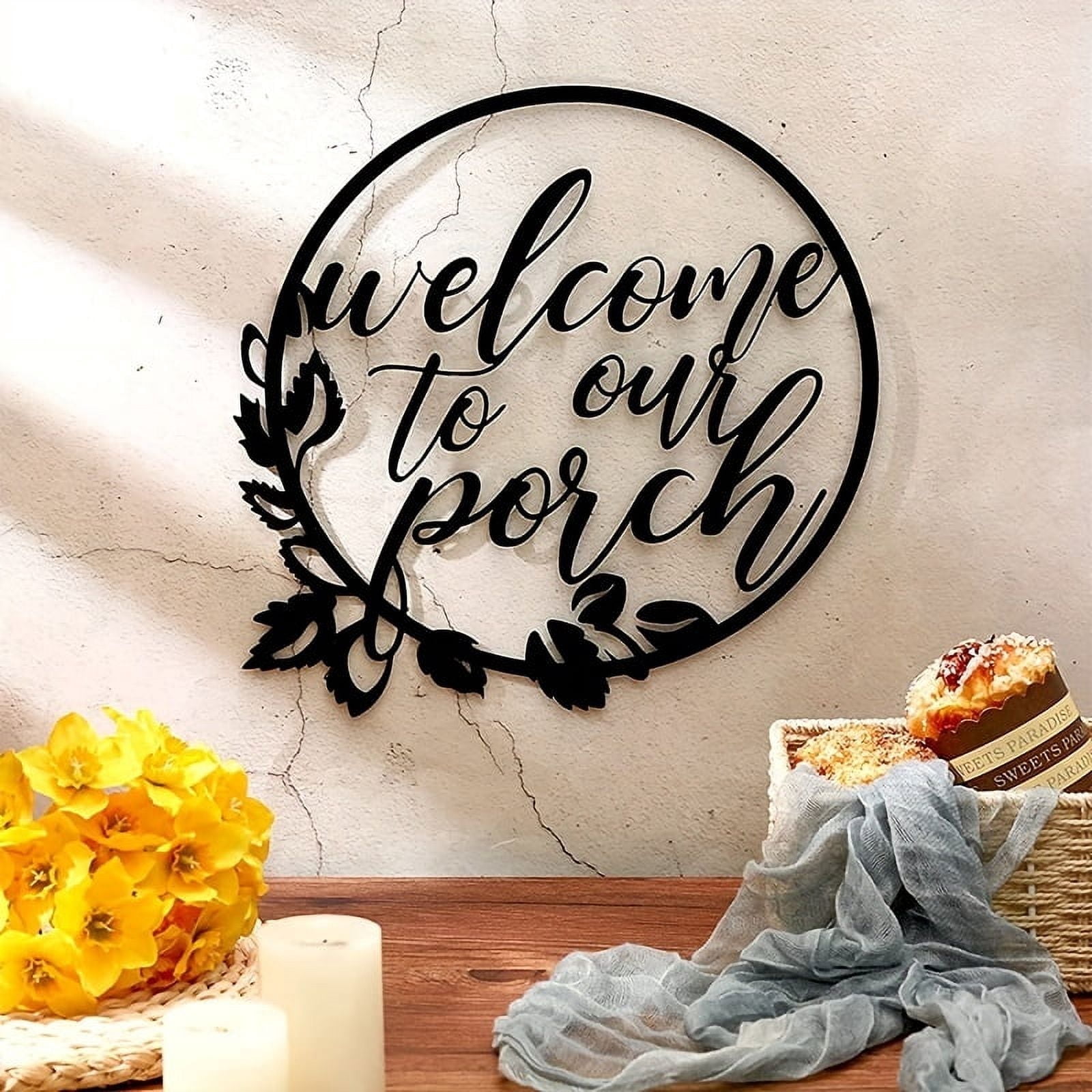 1pc Welcome To Our Porch Metal Sign - Black Metal Wall Decor for Kitchen Farmhouse Home Office Outdoor Decoration - Rustic Home Decor Accent Piece