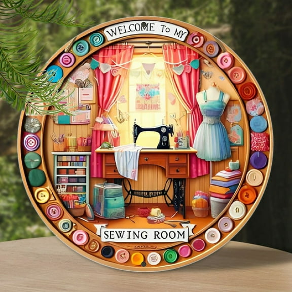 1pc Welcome to My Sewing Room Wooden Wreath Sign - Round Plywood Craft Room Decor Wall Hanging, Ideal Gift for Friends and Colleagues