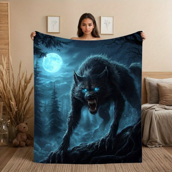 1pc Werewolf Moon Forest Flannel Throw Blanket - 280GSM Heavy-Duty Black & Blue Wolf Howling at Moon & Dark Forest Print - All-Season Soft Cozy Bedspread for Couch, Bed, Camping - Gothic Fantasy Bedd