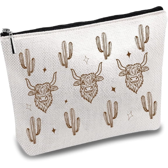 1pc Western Cow Makeup Bags Canvas Cosmetic Bag Multi Purpose Case Zipper Pouches Toiletry Travel Storage Bag Purse Portable Storage Organizer for Cowgirl Stuff Animal Lover Women Gift 10x7Inch