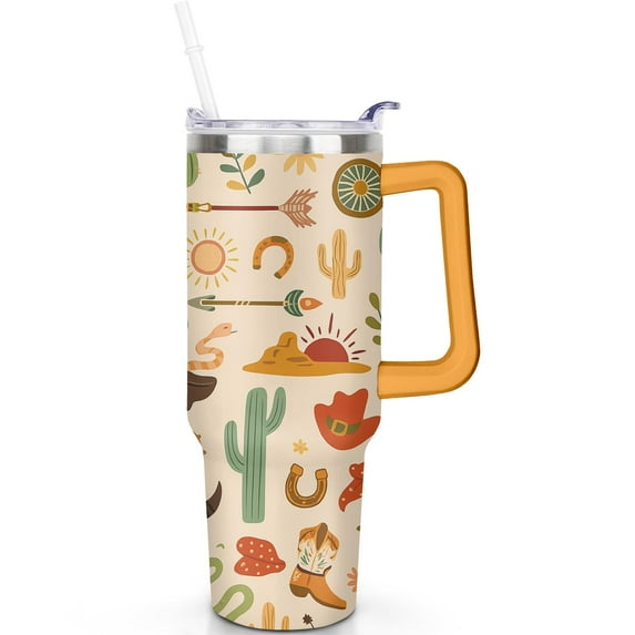 1pc Western Cowboy 40oz Tumbler with Straw & Handle - Insulated Stainless Steel Cup | Holiday Gift for Man Women (Christmas, Valentine's, Birthday)
