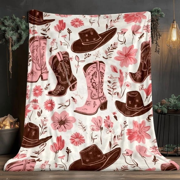 1pc Western Cowboy Boots & Hats Throw Blanket - Soft Flannel Lightweight All-Season Bedspread - Pink & Brown Cowgirl Design with Floral & Western Motifs - Perfect for Sofa, Bed, Camping