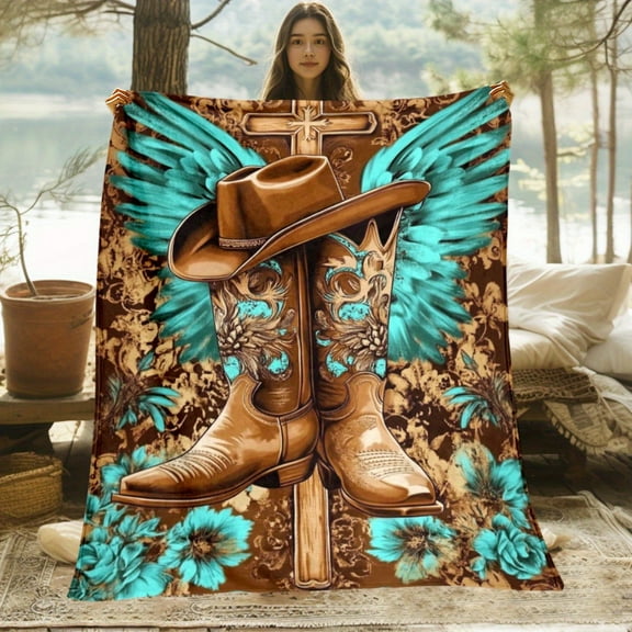 1pc Western Cowboy Boots with Wings Design Throw Blanket - Brown Boots & Turquoise Floral Pattern - Soft Lightweight Flannel All-Season Blanket for Sofa, Bed, Camping, Travel - Cowboy Decor Accent -