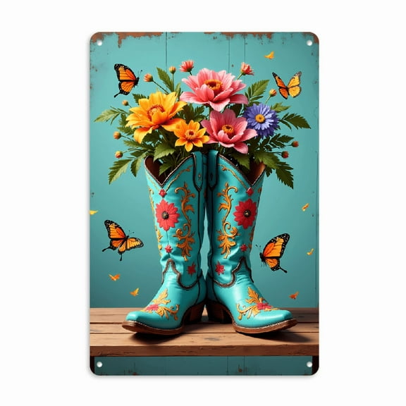 1pc Western Retro Floral Boots iron Wall Art Sign - 8*12 Inch Rustic Turquoise Boots with Vibrant Flowers Butterflies, Durable Indoor_Outdoor Decor for Home, Office, or Cabin, Indoor Outdoor Sign