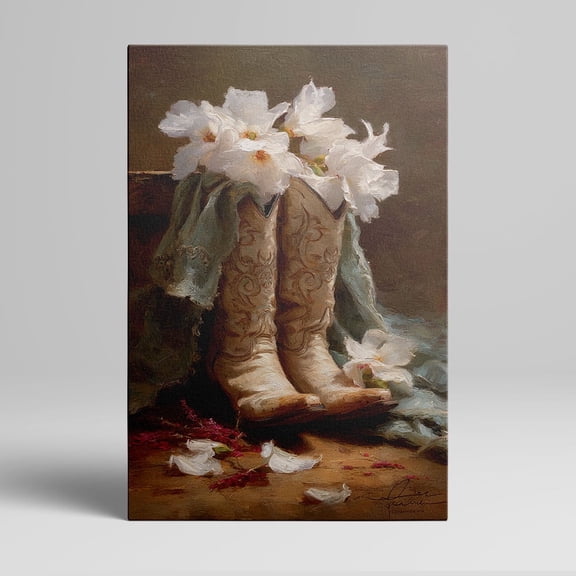 1pc Western - style Cowboy Boots Filled with White Flowers Framed Decor room hanging Wall Picture Decor for Home Gifts, living room, bathroom, bedroom, kitchen wall art decor canvas wall art