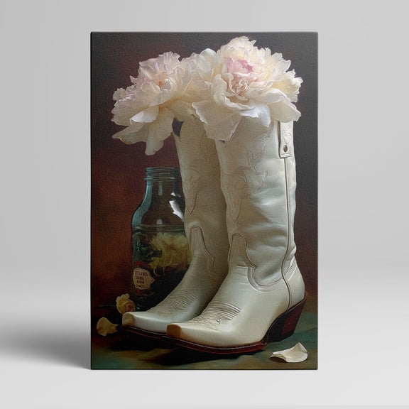 Topbout Art Western Country Cowboy Boots Peony Canvas Wall Art Living Bedroom Office Frameless